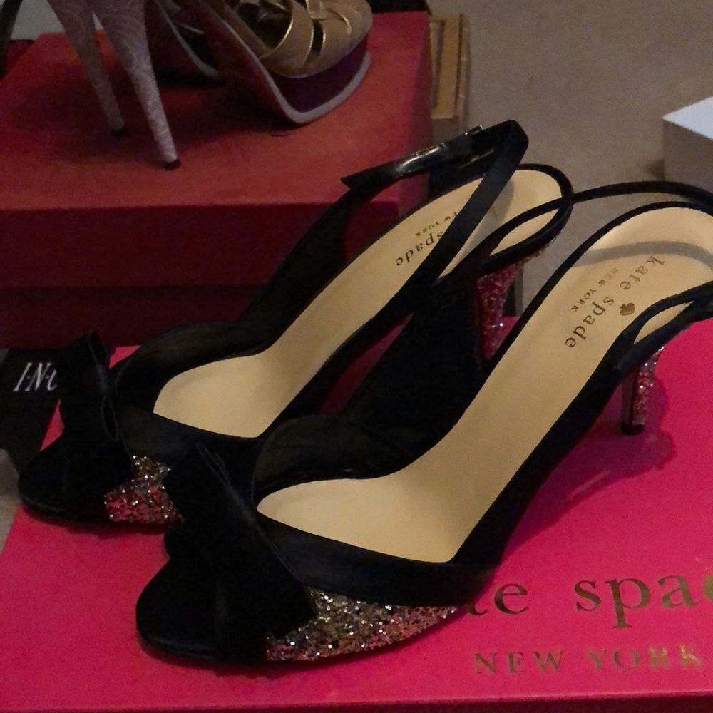 Kate spade gold glitter satin kitten heels size 9
